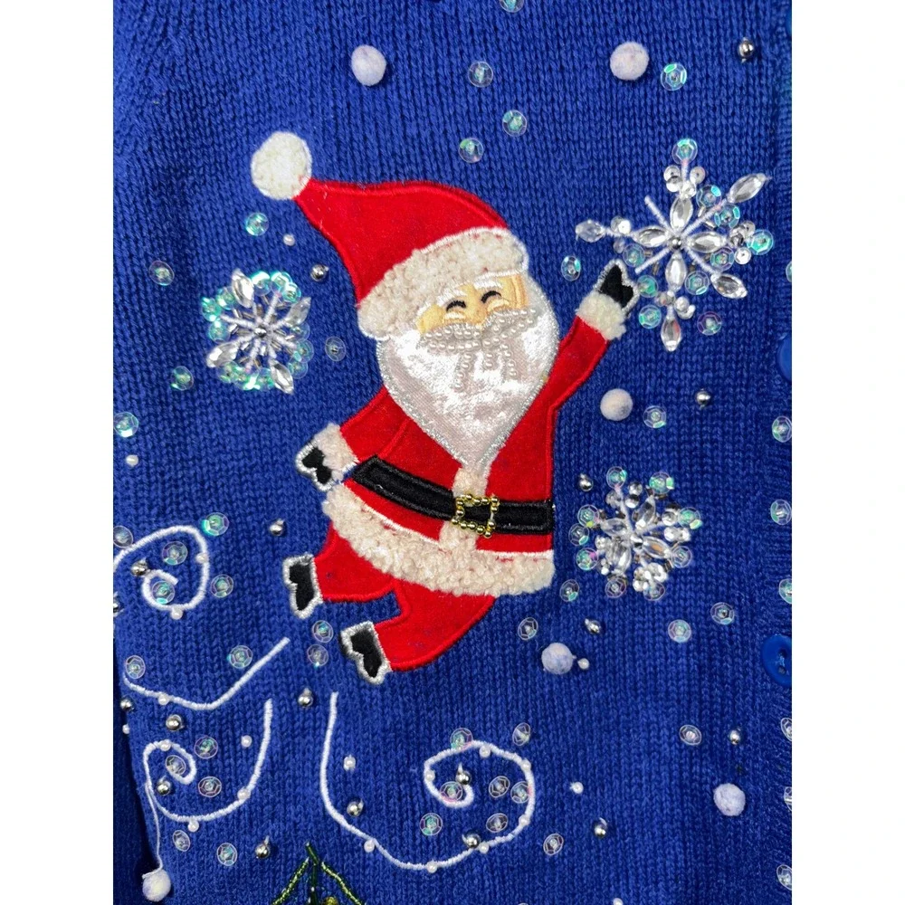 Kim Rogers Christmas Cardigan‎ Women Sz L Blue Santa Snowman Beaded Ugly Sweater